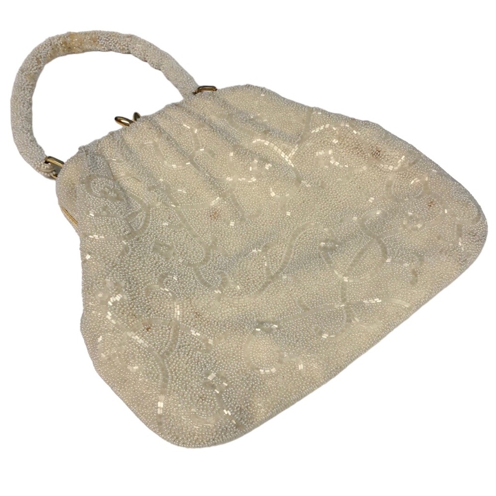 Vintage exclusively for Broadway stores white beaded bag gold accents 10” x 8”